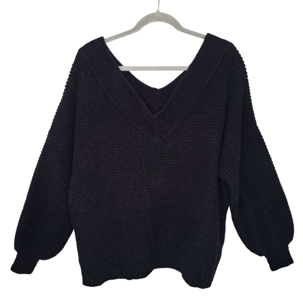 Zenana Black Puff Sleeved Off Shoulder Pullover Sweater Plus Size 1X